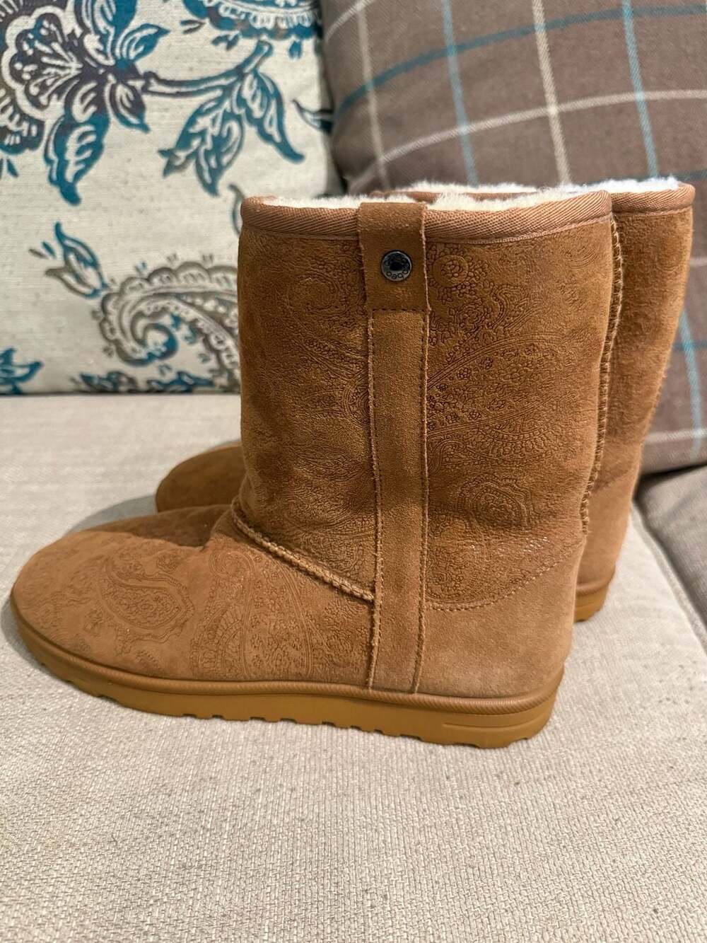 Abeo Chestnut Suede Paisley Print Cozy Winter Boots